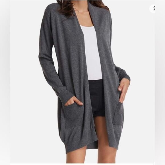 GRACE KARIN Wm’s Sz Lrg Grey Pockets Long Sleeve Open Front Cardigan Sweaters - Picture 2 of 6